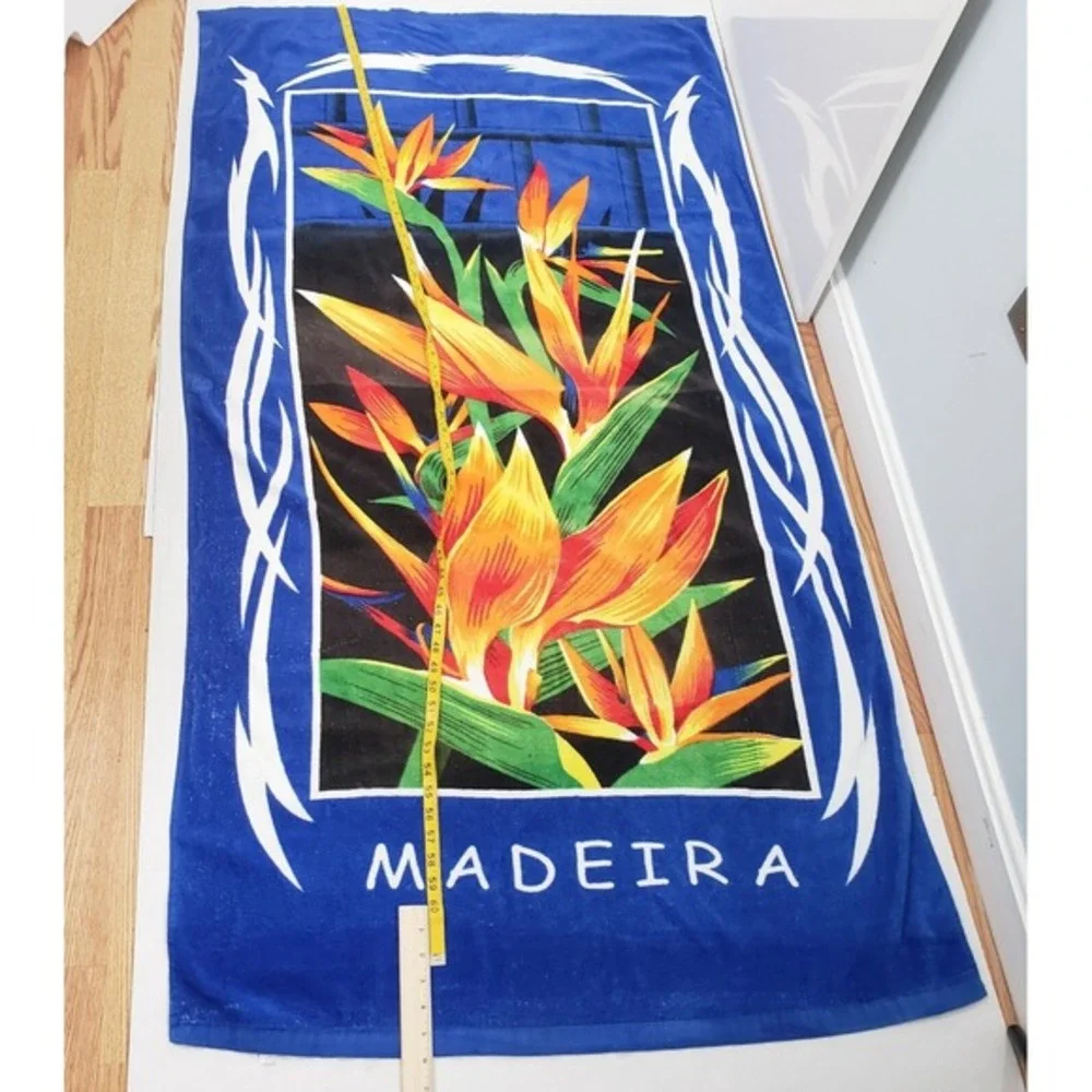 Vintage Madeira Beach Towel Bird of Paradise Tropical Tribal Floral Blue 90s Y2K